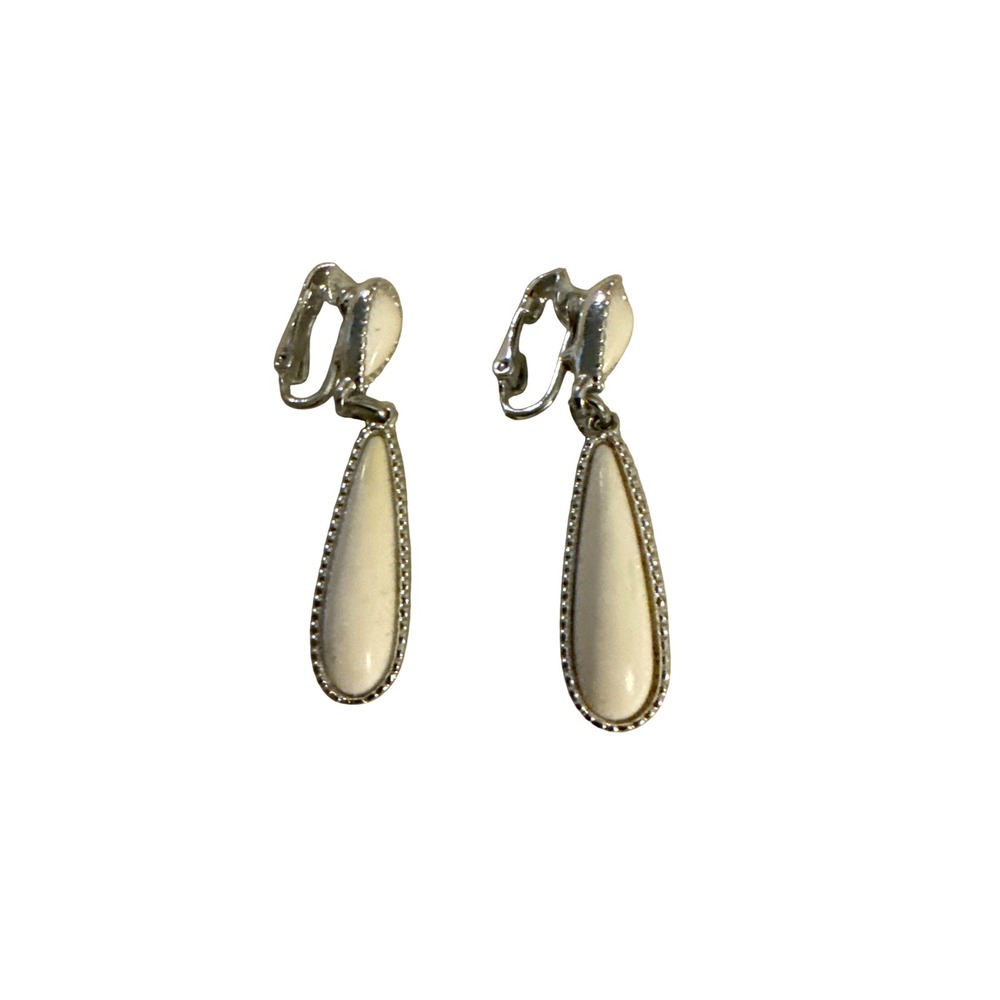 Vintage Emmons Silver Tone White Enamel Teardrop Clip On Drop Earrings